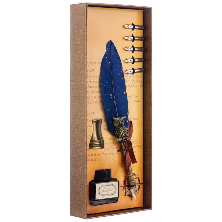 Set caligrafie cu pană albastră și călimară  - Set Elegant pentru Scris Clasic