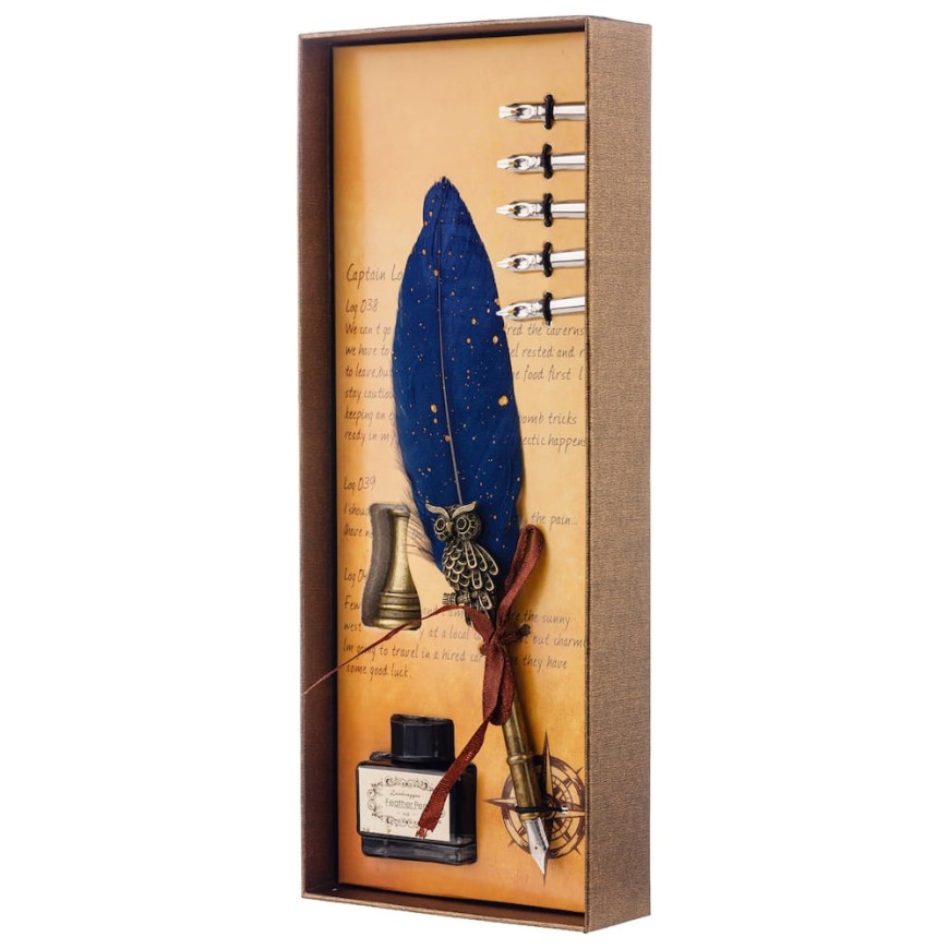Set caligrafie cu pană albastră și călimară  - Set Elegant pentru Scris Clasic