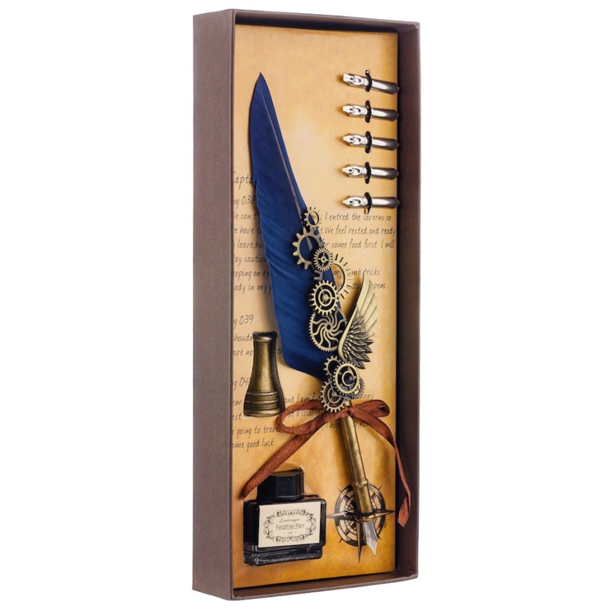 Set caligrafie cu pană albastră și călimară  - Set Elegant pentru Scris Clasic