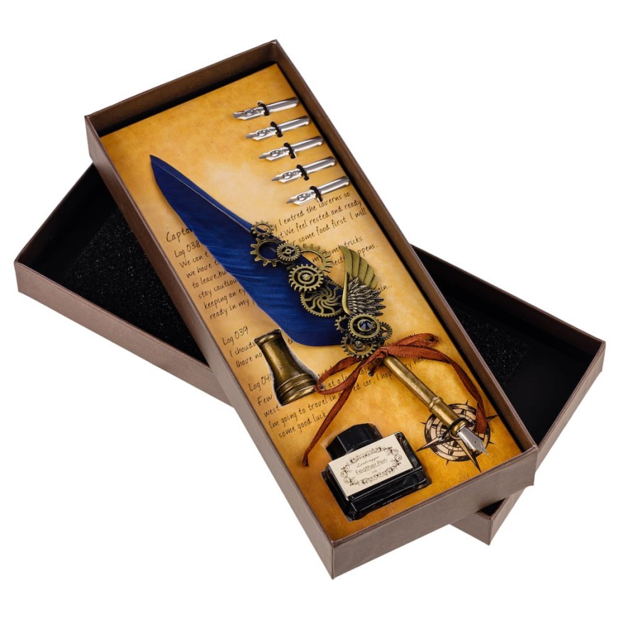 Set caligrafie cu pană albastră și călimară  - Set Elegant pentru Scris Clasic