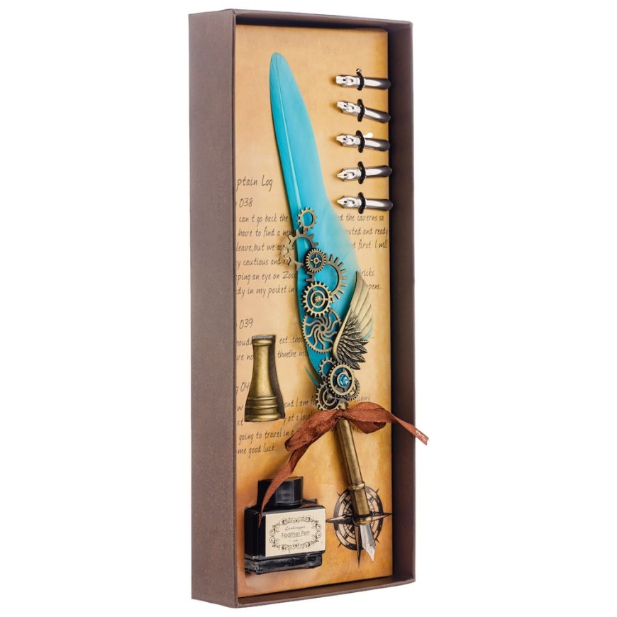 Set caligrafie cu pană turcoaz și călimară  - Set Elegant pentru Scris Clasic