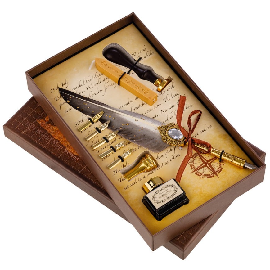 Set caligrafie cu pană, călimară și sigiliu - Set Elegant pentru Scris Clasic