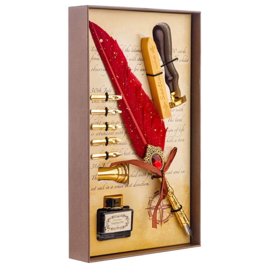 Set caligrafie cu pană roșie, călimară și sigiliu - Set Elegant pentru Scris Clasic