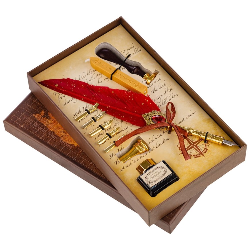 Set caligrafie cu pană roșie, călimară și sigiliu - Set Elegant pentru Scris Clasic
