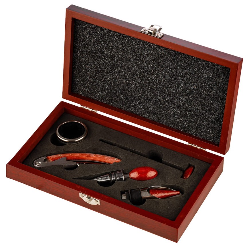 Set vin cu accesorii în carcasă din lemn- set 5 accesorii lemn