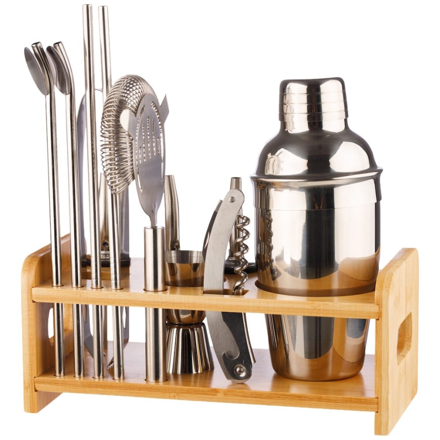 Set cocktail shaker și accesorii – suport din lemn